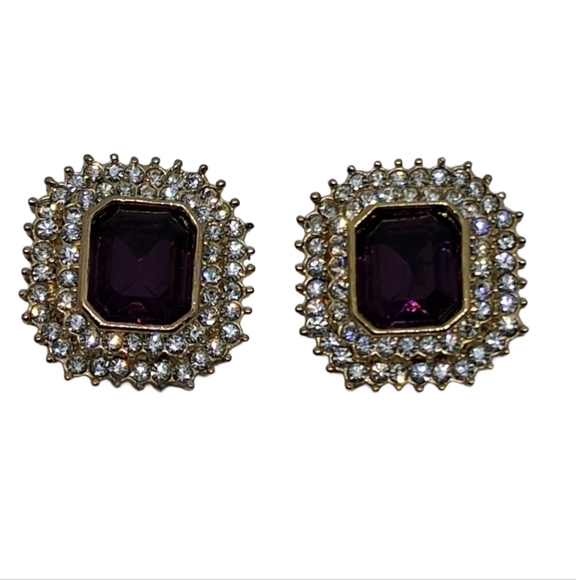 Vintage 1950s/60s Purple Rhinestone Glamour Clip-On Earrings - Picture 4 of 5